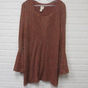 Chico's Pumpkin Gold Metallic Lacy Trumpet Sleeve Lightweight Sweater Size 2X